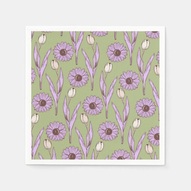 Serviette En Papier Vert violet rétro Y2K Funky Hippie Flower Motif (Devant)