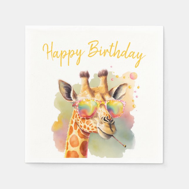 Serviette En Papier Vibes d'été Aquarelle Giraffe - Joyeux anniversair (Devant)