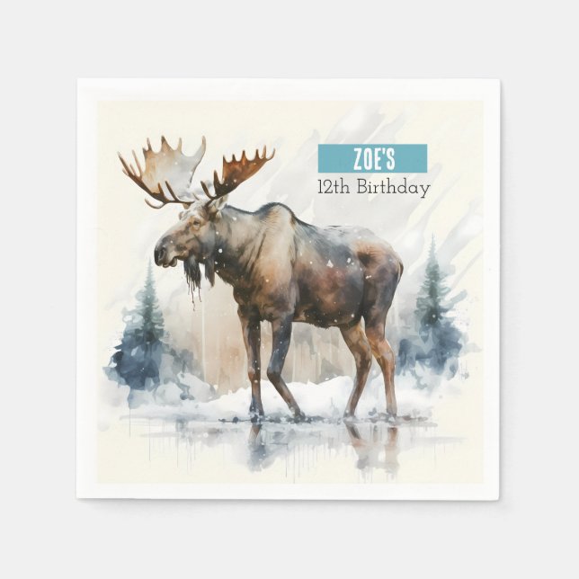 Serviette En Papier Vibes d'hiver Aquarelle Moose - fête d'anniversair (Devant)
