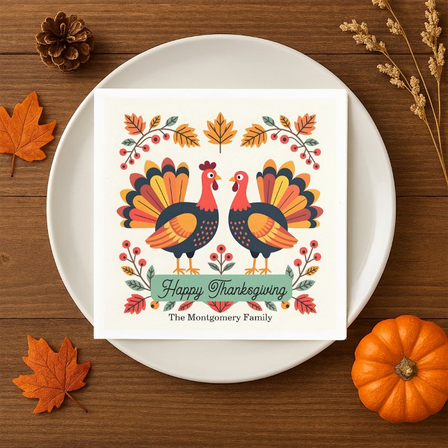 Serviette En Papier Vibrant Art Folk Turkeys Fall Feuilles Thanksgivin (Créateur téléchargé)
