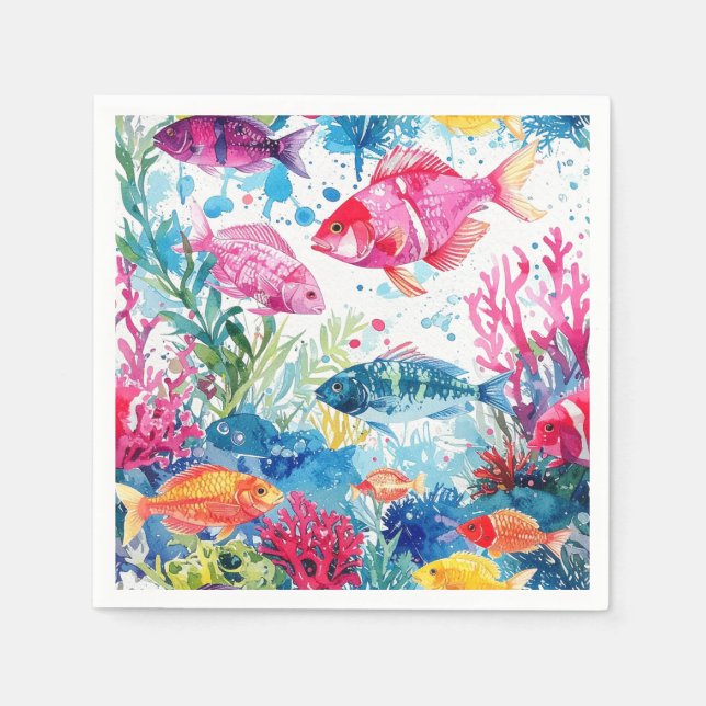 Serviette En Papier Vibrant poisson tropical Aquarelle Motif de la vie (Devant)