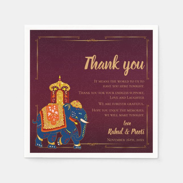 Serviette En Papier Vibrant Red Gold Mariage Indien Merci Message (Devant)