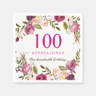 Serviette En Papier Vibrant rose botanique floral 100e fête d'annivers