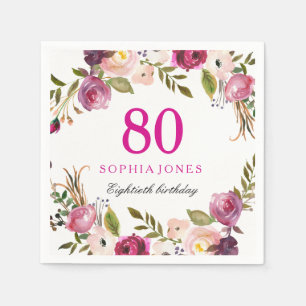 Serviette En Papier Vibrant rose botanique floral 80e fête d'anniversa