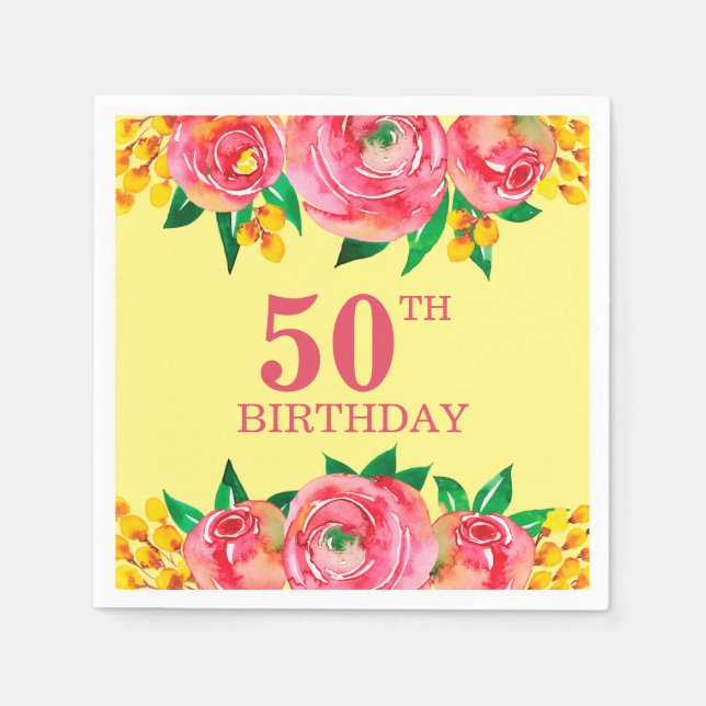 Serviette En Papier Vibrant rose chaud et aquarelle jaune Floral (Devant)