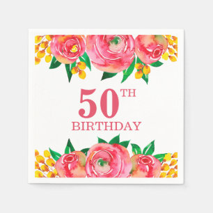 Serviette En Papier Vibrant rose chaud et aquarelle jaune Floral