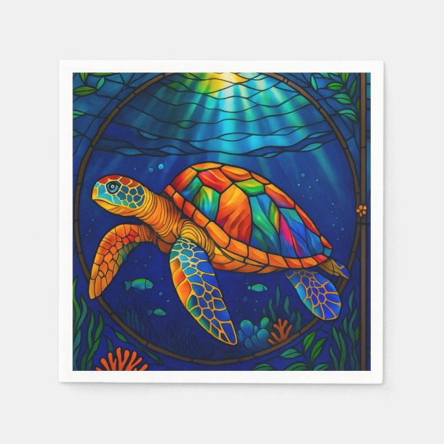 Serviette En Papier Vibrant Stained Glass Sea Turtle Ocean Design (Devant)
