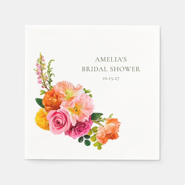 Serviette En Papier Vibrantes Pavots Roses Floraux Fleurs Mariage (Devant)