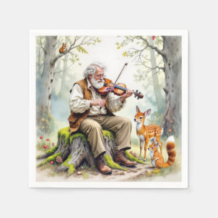 Serviette En Papier Vieil Homme Jouant du Violon Dans La Forêt