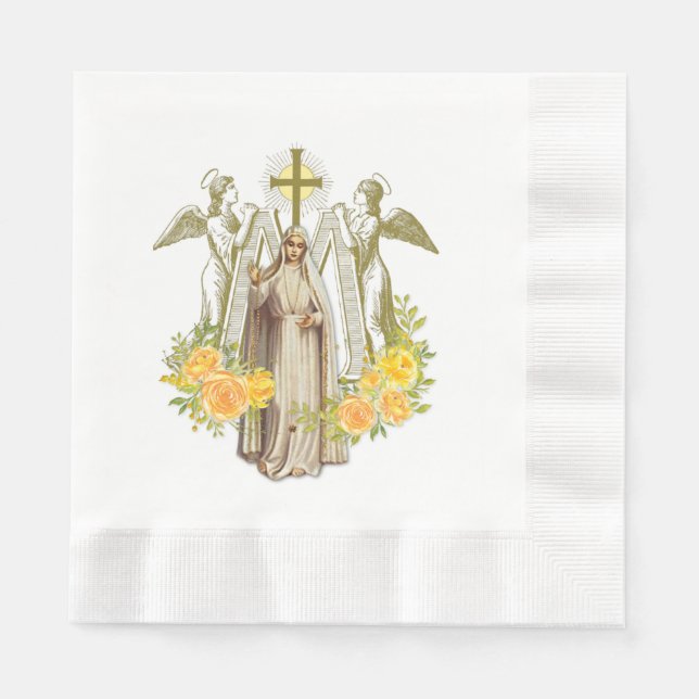 Serviette En Papier Vierge Marie Fatima Fleurs Roses Jaunes Chapelet (Devant)