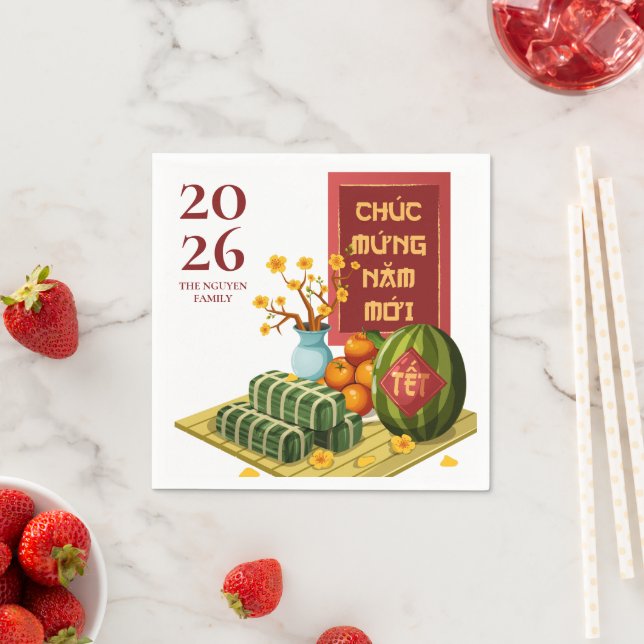 Serviette En Papier Vietnamese Tet 2026 with Symbolic Fruits & Flowers (En situation)