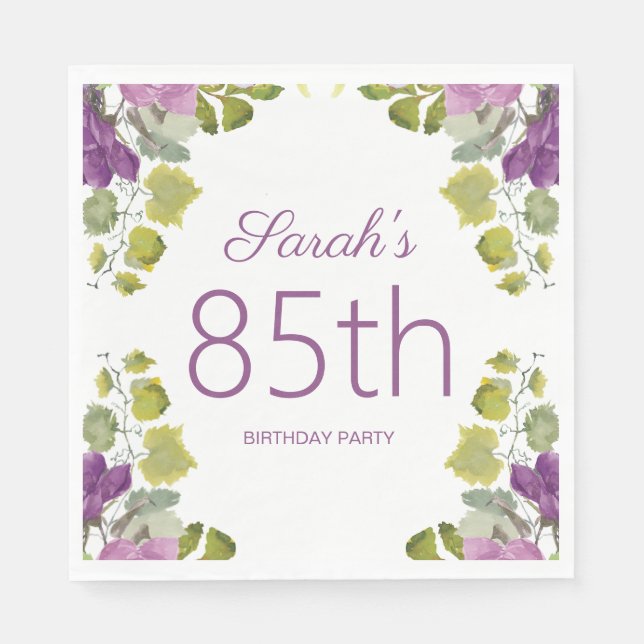 Serviette En Papier Vignes Feuilles florales pourpres 85e anniversaire (Devant)