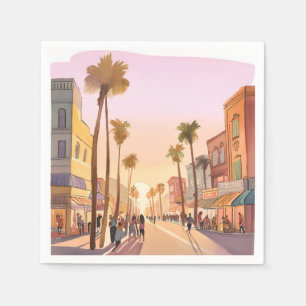 Serviette En Papier Ville côtière au coucher du soleil Aquarelle côt