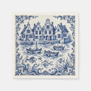 Serviette En Papier Ville de Delft & Port de Pêche Bleu Cobalt Blanc