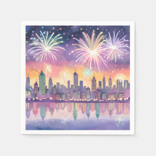 Serviette En Papier Ville de feux d'artifice colorés aquarelle   Nouve