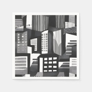 Serviette En Papier Ville Géométrique Moderne Noir & Blanc Contempor