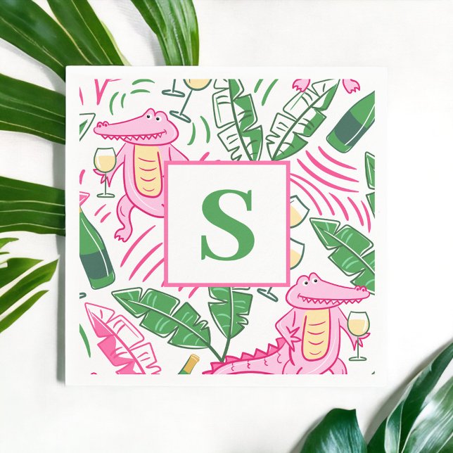 Serviette En Papier Vin Alligator Pink vert Monogramme (Créateur téléchargé)