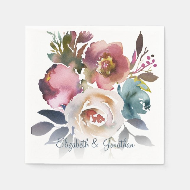 Serviette En Papier Vin bleu Dusty officiel Mariage floral Bourgogne (Devant)