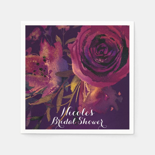 Serviette En Papier Vin de Bourgogne Fleur Rose Violet Rose Baptême (Devant)