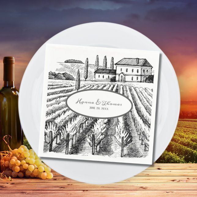 Serviette En Papier Vineyard Winery Rustic Sketch Mariage (Créateur téléchargé)