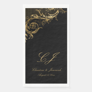 Serviette En Papier Vintage Black Gold Floral Damask Script Mariage