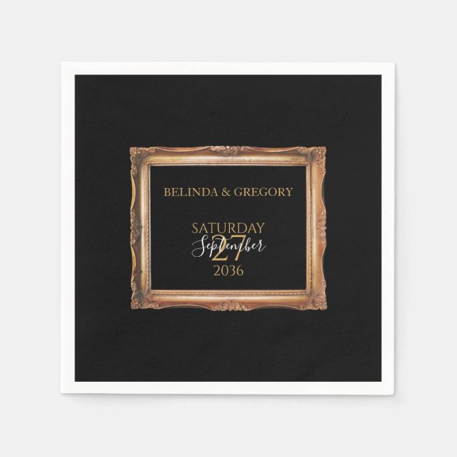 Serviette En Papier Vintage Black & Gold Mariage (Devant)