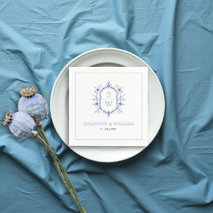 Serviette En Papier Vintage bleu élégant crête florale mariage