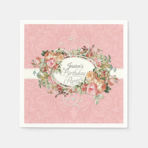 Serviette En Papier Vintage Blush Floral Roses w Script Birthday Party