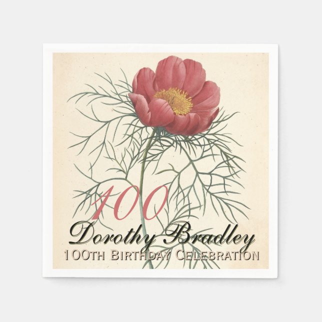 Serviette En Papier Vintage Botanical Peony 100th Birthday Party PPN (Devant)