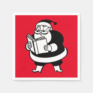 Serviette En Papier Vintage Christmas B&W Reading Père Noël on Red