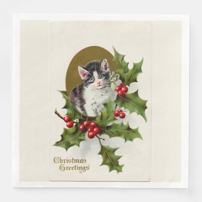 Serviette En Papier Vintage Christmas Kitten Blanc (Devant)