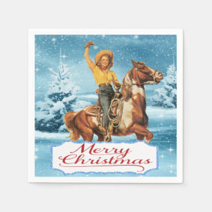 Serviette En Papier Vintage Cowgirl à cheval hiver Joyeux Noël