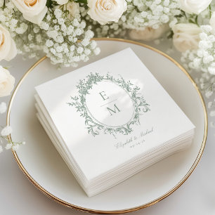 Serviette En Papier Vintage Crest Monogramme Botanique Vert Mariage