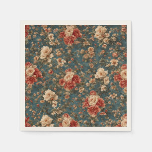 Serviette En Papier Vintage Exquis Blanc et Fleurs Rouges Corail Luxur