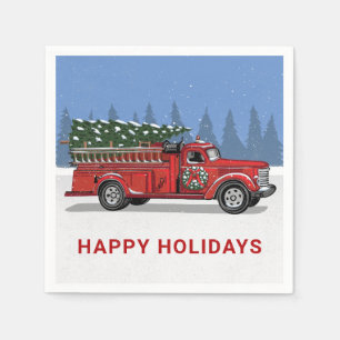 Serviette En Papier Vintage Fire Truck Arbre de Noël Joyeuses Fêtes