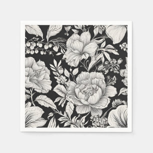 Serviette En Papier Vintage floral classique noir et blanc