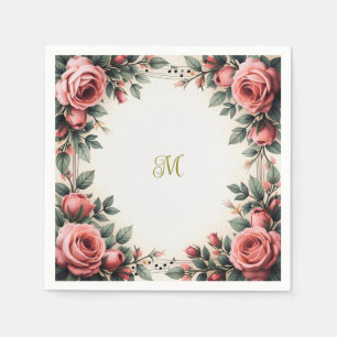 Serviette En Papier Vintage Nom Floral Français Fleurs Roses Monogramm