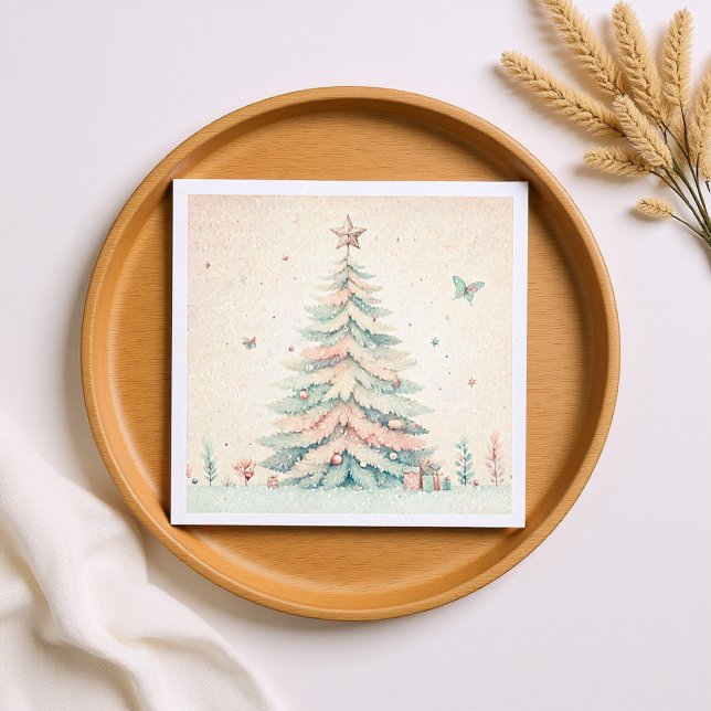 Serviette En Papier Vintage pâle Joyeux Noël (Vintage Christmas Tree soft pink Watercolor Napkins)
