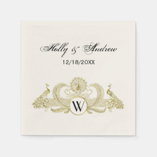 Serviette En Papier Vintage Paons Monogramme Ivoire Or Faux BG