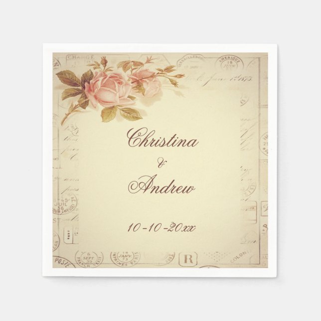 Serviette En Papier Vintage Paris Postmarks Rose chic (Devant)