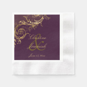 Serviette En Papier Vintage Purple Gold Floral Damask Script Mariage