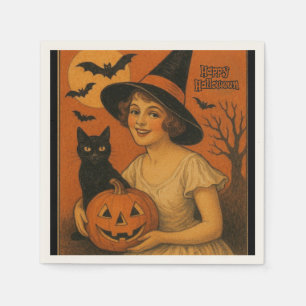 Serviette En Papier Vintage/rétro Happy Halloween sorcière, chat, citr