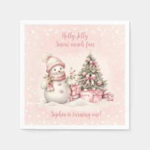 Serviette En Papier Vintage Snowman Girl rose Noël 1er anniversaire