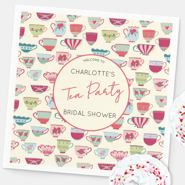 Serviette En Papier Vintage Tea Party Bridal Shower (Modern vintage teacup pattern personalized bridal shower tea party themed paper napkins)