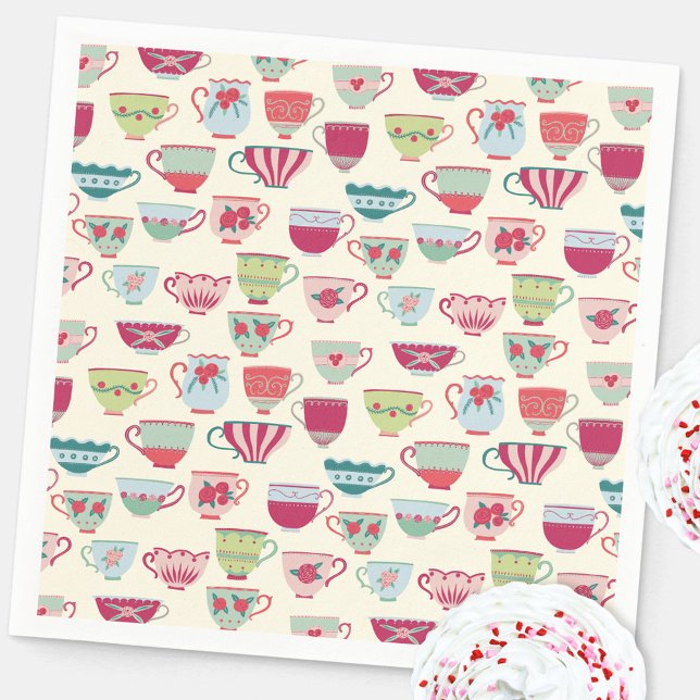 Serviette En Papier Vintage Teacup Tea Party (Modern vintage teacup tea party pattern paper napkin for celebrations and events)