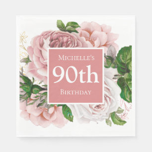 Serviette En Papier Vintage vert floral rose pâle 90e anniversaire
