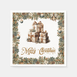 Serviette En Papier Vintages cadeaux de Noël rustique vert et or