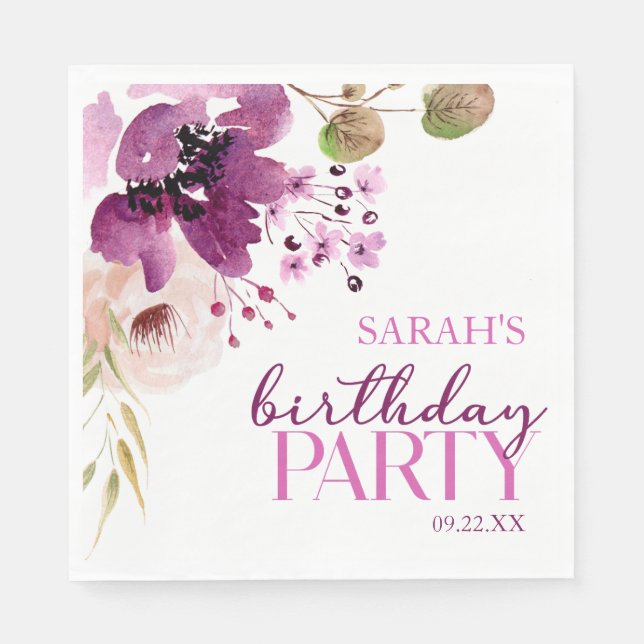 Serviette En Papier Violet Magenta Purple Floral fête d'anniversaire (Devant)