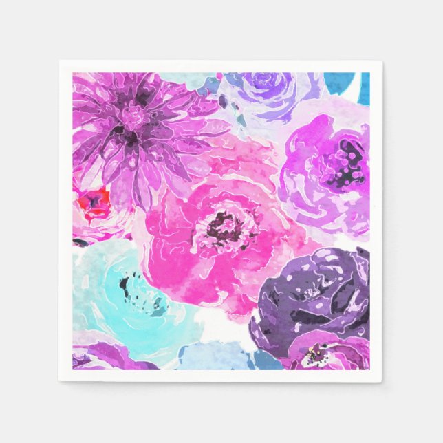 Serviette En Papier Violet Vivace Fleurs Florales Rose Violet Chic (Devant)