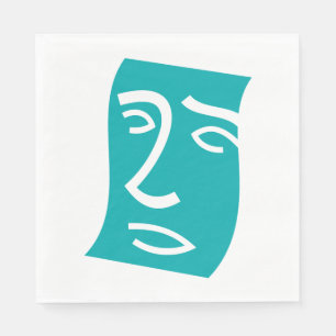 Serviette En Papier Visage Abstrait Moderne Art Linéaire Sarcelle